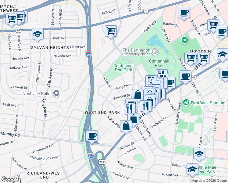map of restaurants, bars, coffee shops, grocery stores, and more near 3127 Long Boulevard in Nashville
