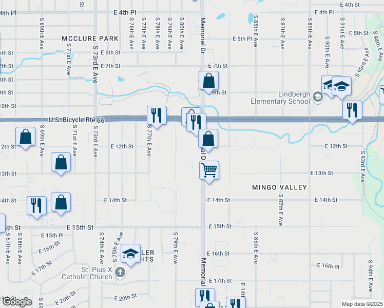 map of restaurants, bars, coffee shops, grocery stores, and more near 1220 South Memorial Drive in Tulsa