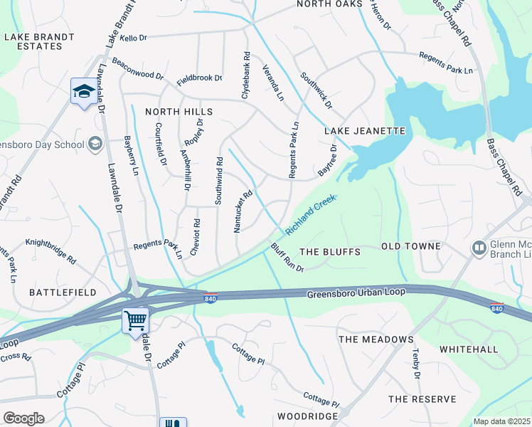 map of restaurants, bars, coffee shops, grocery stores, and more near 2009 Warwickshire Drive in Greensboro