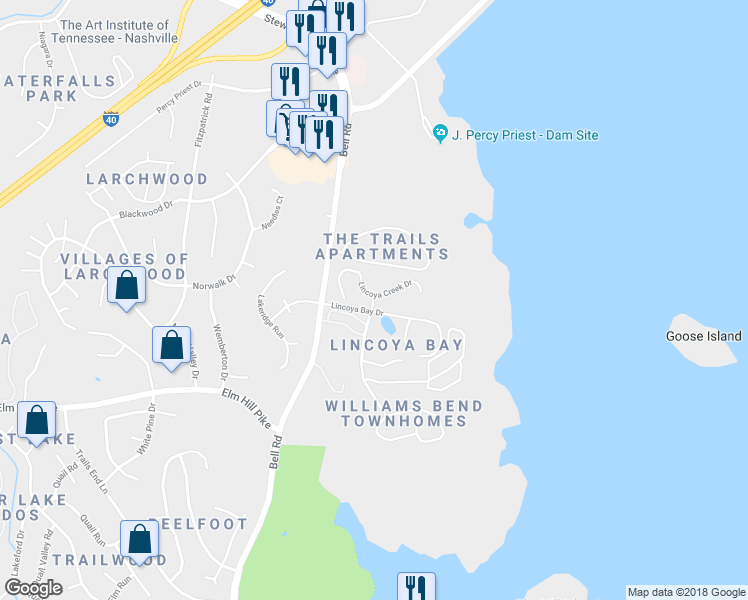 map of restaurants, bars, coffee shops, grocery stores, and more near 3257 Lincoya Creek Drive in Nashville