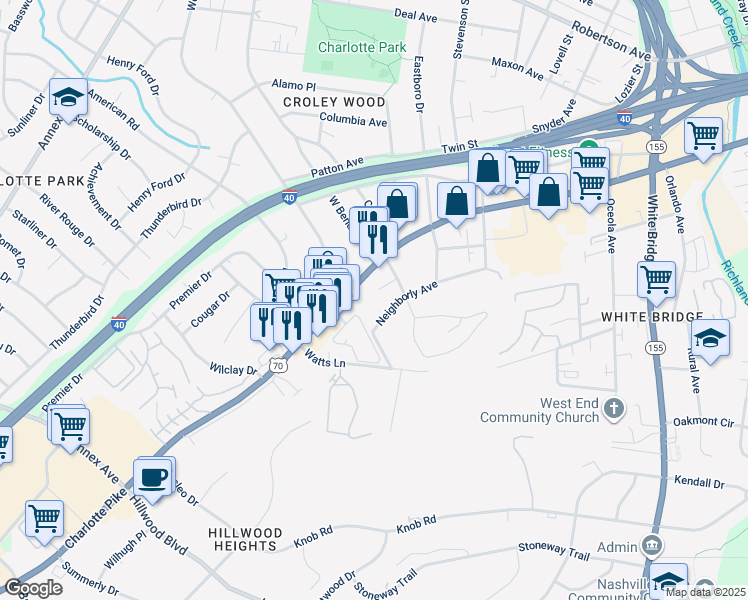 map of restaurants, bars, coffee shops, grocery stores, and more near 6213 Charlotte Pike in Nashville