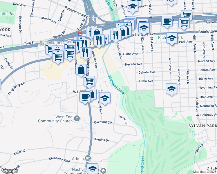 map of restaurants, bars, coffee shops, grocery stores, and more near 5400 Burgess Avenue in Nashville