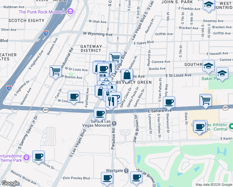 map of restaurants, bars, coffee shops, grocery stores, and more near 2205 South Las Vegas Boulevard in Las Vegas