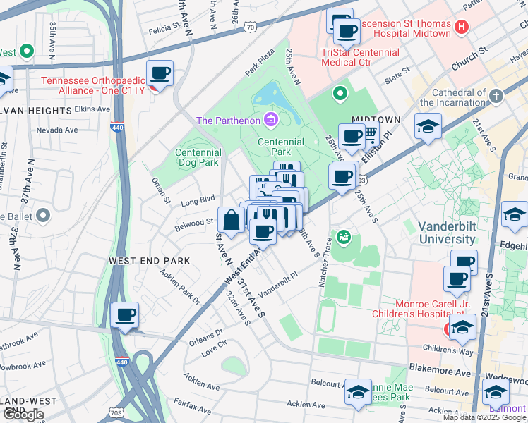map of restaurants, bars, coffee shops, grocery stores, and more near 114 29th Ave N in Nashville