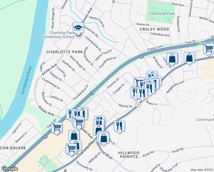 map of restaurants, bars, coffee shops, grocery stores, and more near 6520 Premier Drive in Nashville