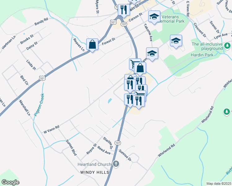 map of restaurants, bars, coffee shops, grocery stores, and more near 113 Idletime Drive in Greeneville