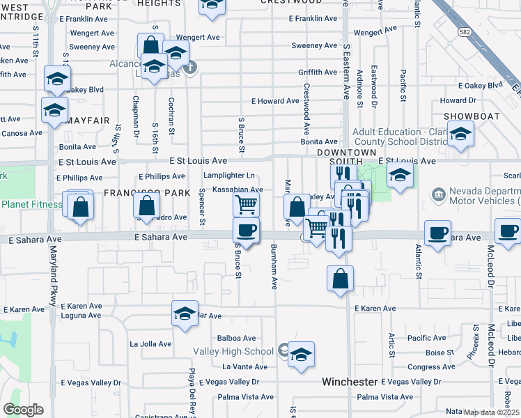 map of restaurants, bars, coffee shops, grocery stores, and more near 1830 East Sahara Avenue in Las Vegas