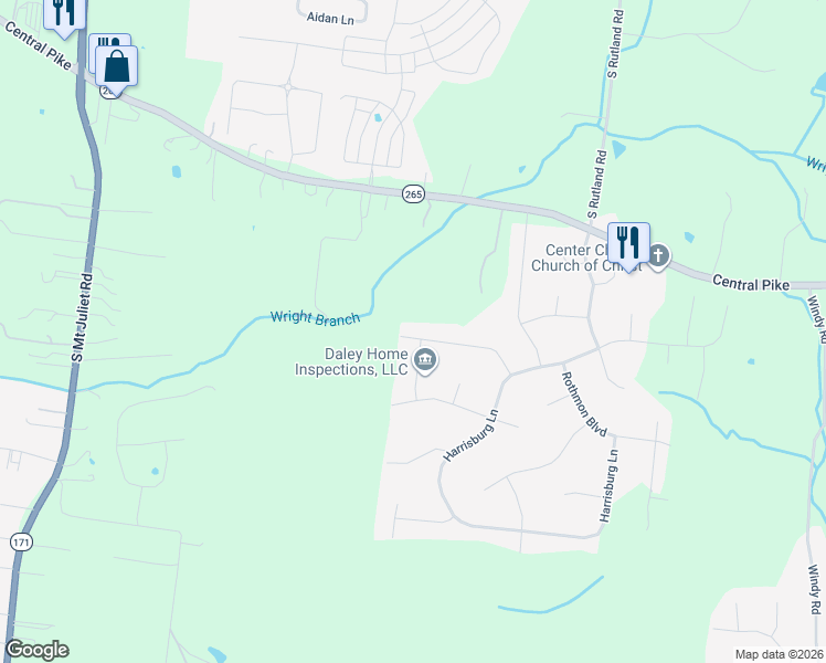 map of restaurants, bars, coffee shops, grocery stores, and more near 1126 Garrett Way in Mt. Juliet