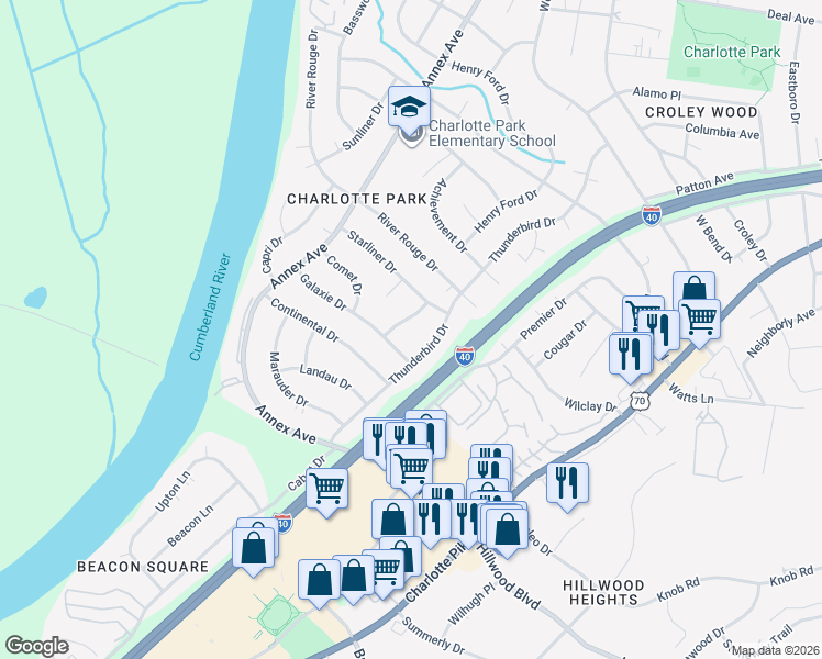 map of restaurants, bars, coffee shops, grocery stores, and more near 6413 Ranchero Drive in Nashville