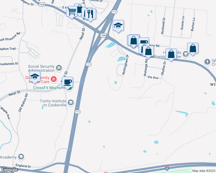 map of restaurants, bars, coffee shops, grocery stores, and more near 1036 Nottingham Dr in Cookeville