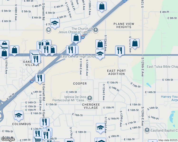 map of restaurants, bars, coffee shops, grocery stores, and more near 1229 South 120th East Avenue in Tulsa
