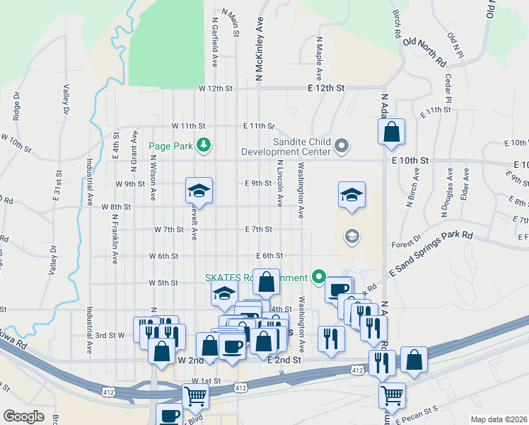 map of restaurants, bars, coffee shops, grocery stores, and more near 716 North Lincoln Avenue in Sand Springs