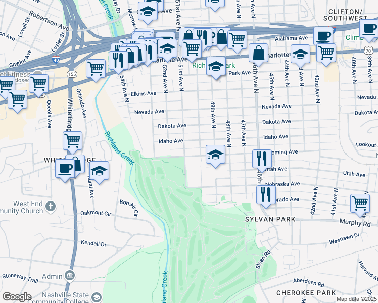 map of restaurants, bars, coffee shops, grocery stores, and more near 5100 Wyoming Avenue in Nashville