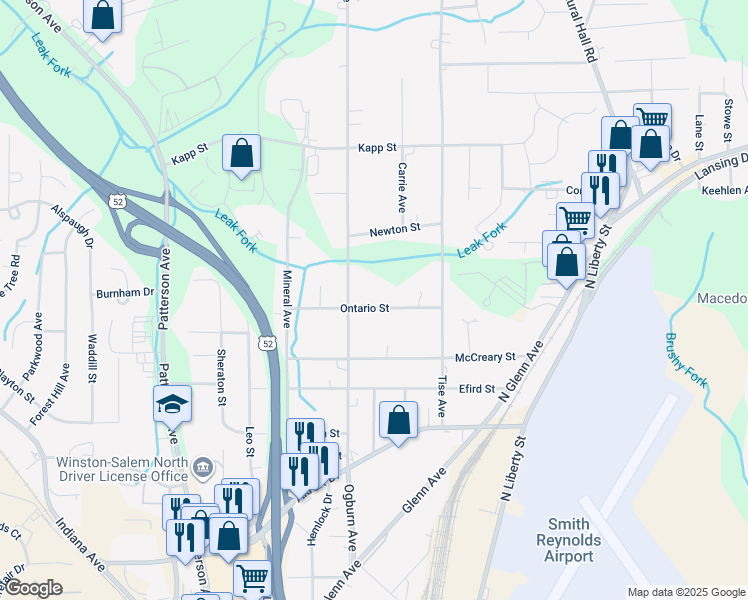 map of restaurants, bars, coffee shops, grocery stores, and more near 636 Ontario Street in Winston-Salem