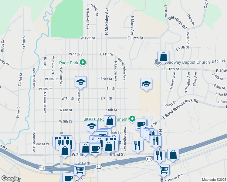 map of restaurants, bars, coffee shops, grocery stores, and more near 716 North Lincoln Avenue in Sand Springs