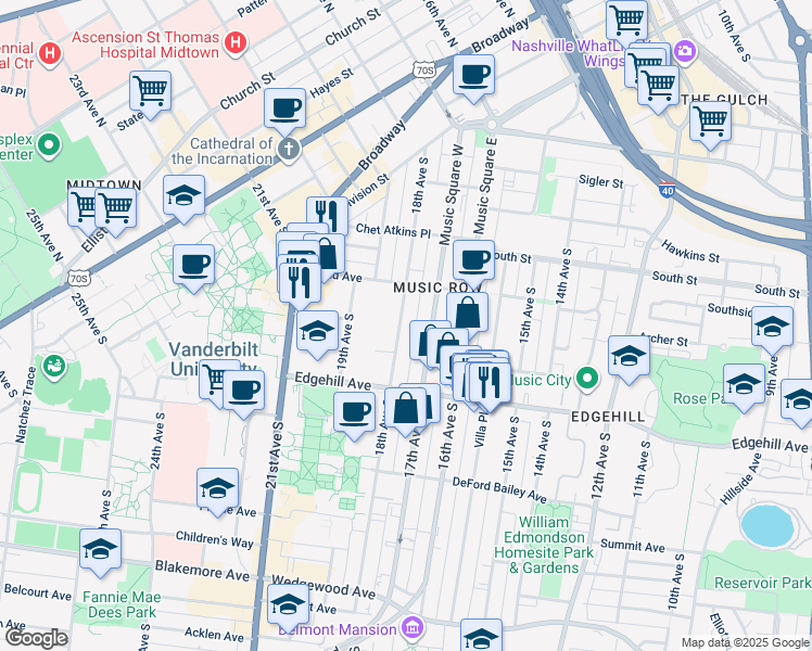 map of restaurants, bars, coffee shops, grocery stores, and more near 1016 18th Avenue South in Nashville