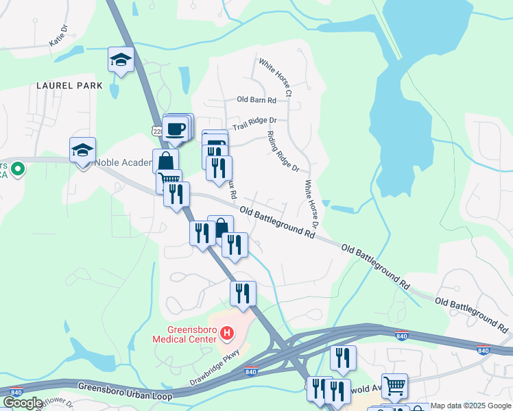 map of restaurants, bars, coffee shops, grocery stores, and more near 5033 Steepleshire Place in Greensboro