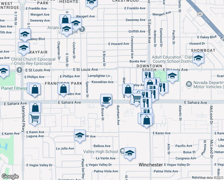 map of restaurants, bars, coffee shops, grocery stores, and more near 1830 East Sahara Avenue in Las Vegas