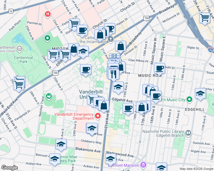 map of restaurants, bars, coffee shops, grocery stores, and more near 419 21st Avenue South in Nashville