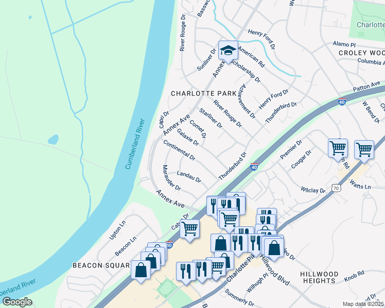 map of restaurants, bars, coffee shops, grocery stores, and more near 524 Continental Drive in Nashville