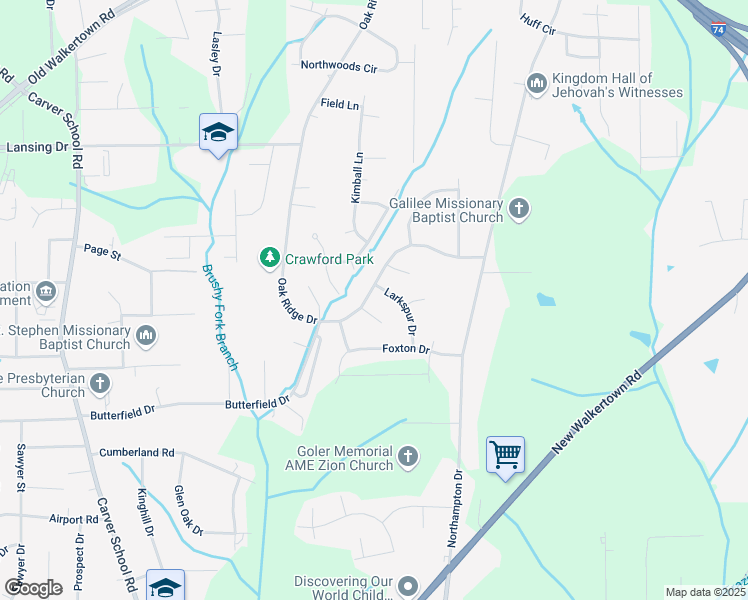 map of restaurants, bars, coffee shops, grocery stores, and more near 4106 Oak Ridge Drive in Winston-Salem
