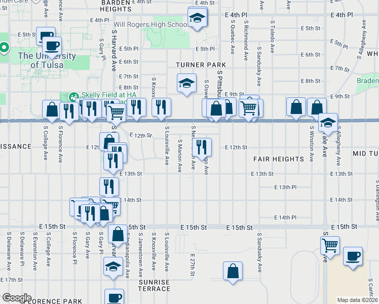 map of restaurants, bars, coffee shops, grocery stores, and more near 1214 South New Haven Avenue in Tulsa