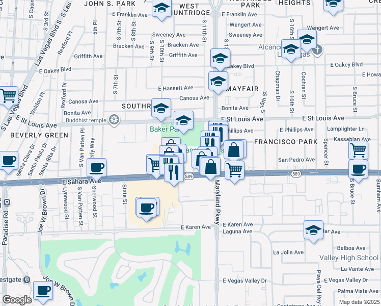 map of restaurants, bars, coffee shops, grocery stores, and more near 1140 Almond Tree Lane in Las Vegas