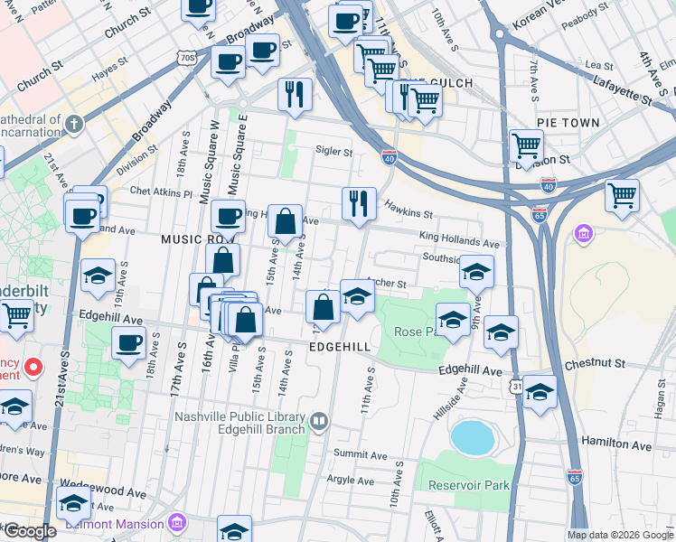 map of restaurants, bars, coffee shops, grocery stores, and more near 1018 13th Avenue South in Nashville