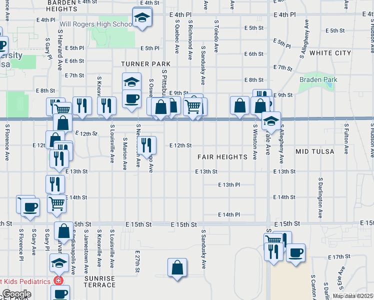map of restaurants, bars, coffee shops, grocery stores, and more near 1208 South Richmond Avenue in Tulsa