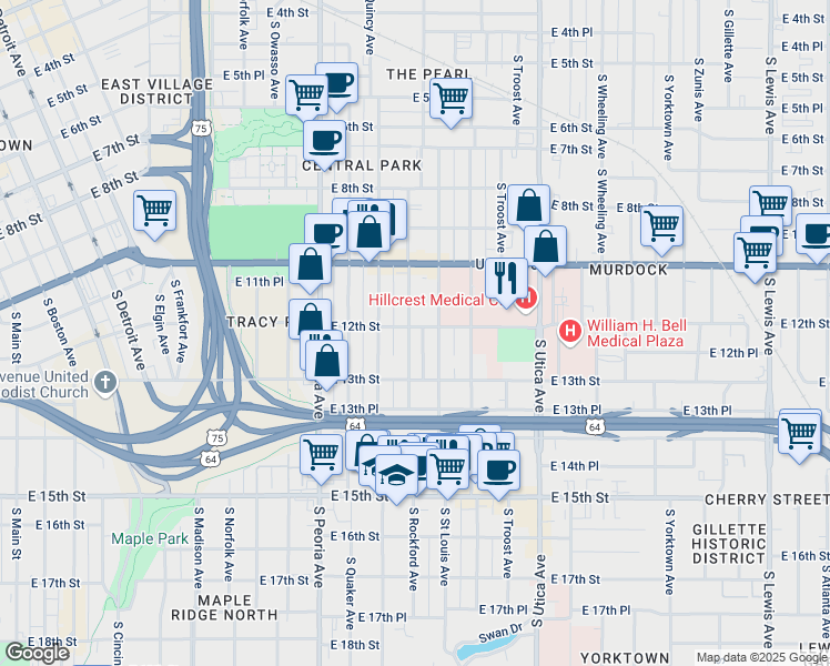 map of restaurants, bars, coffee shops, grocery stores, and more near 1201 South Rockford Avenue in Tulsa