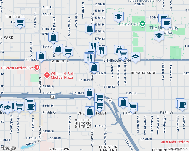 map of restaurants, bars, coffee shops, grocery stores, and more near 1207 South Lewis Avenue in Tulsa