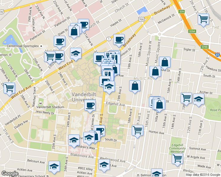 map of restaurants, bars, coffee shops, grocery stores, and more near 422 21st Ave S in Nashville