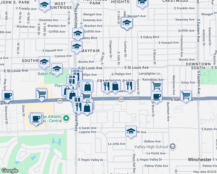 map of restaurants, bars, coffee shops, grocery stores, and more near 2309 South 15th Street in Las Vegas