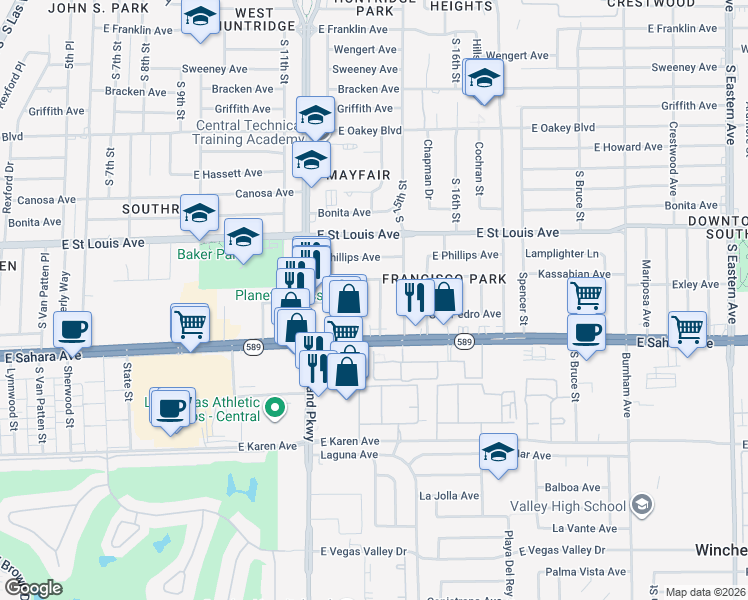 map of restaurants, bars, coffee shops, grocery stores, and more near 2310 Pardee Place in Las Vegas