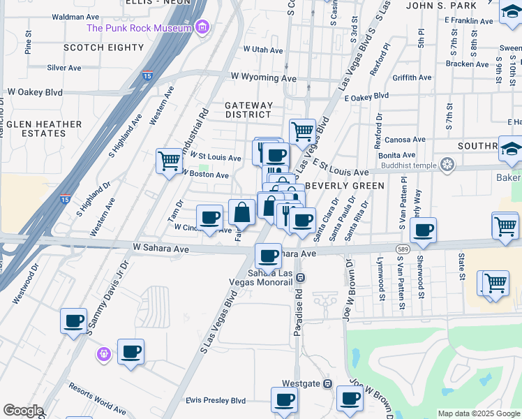 map of restaurants, bars, coffee shops, grocery stores, and more near 69 West Cleveland Avenue in Las Vegas