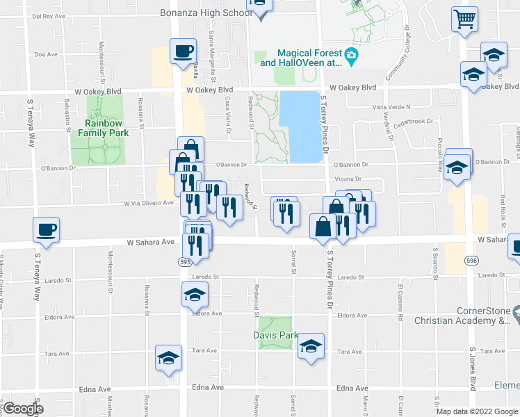 map of restaurants, bars, coffee shops, grocery stores, and more near 2301 Redwood Street in Las Vegas
