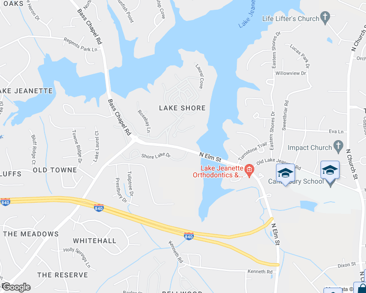 map of restaurants, bars, coffee shops, grocery stores, and more near 102 Shore Lake Drive in Greensboro