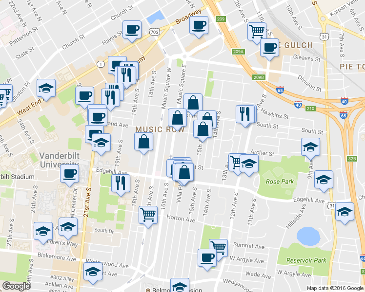 map of restaurants, bars, coffee shops, grocery stores, and more near 1016 Villa Place in Nashville