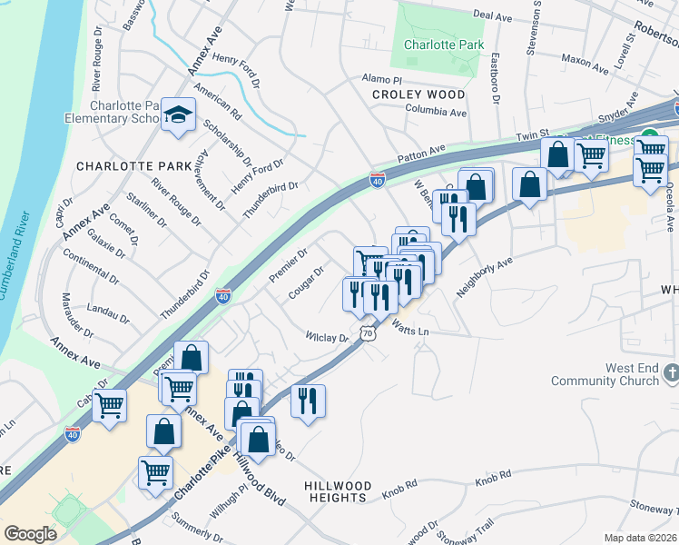 map of restaurants, bars, coffee shops, grocery stores, and more near 6505 Mercomatic Court in Nashville