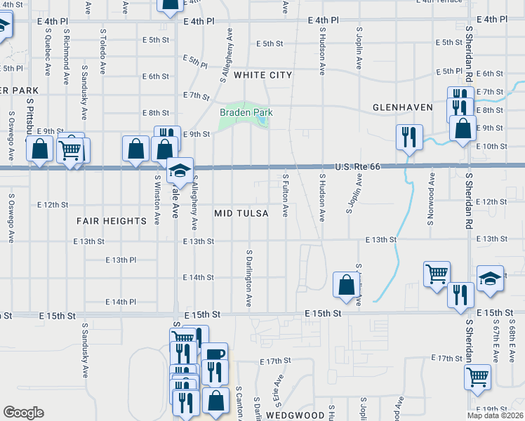 map of restaurants, bars, coffee shops, grocery stores, and more near 1215 South Darlington Avenue in Tulsa