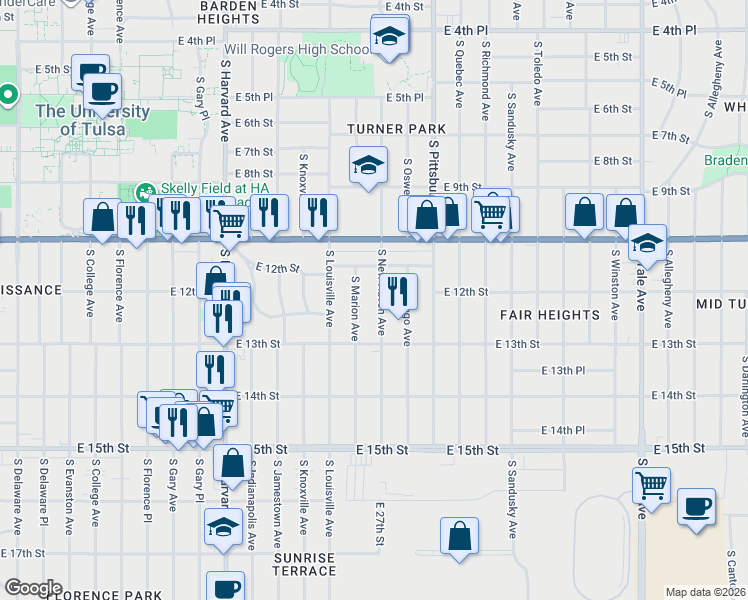 map of restaurants, bars, coffee shops, grocery stores, and more near 1214 South New Haven Avenue in Tulsa
