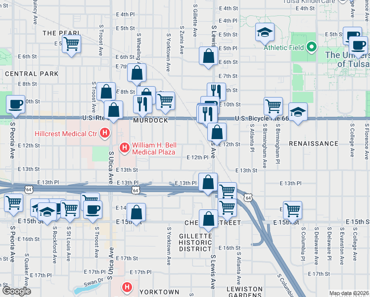 map of restaurants, bars, coffee shops, grocery stores, and more near 1200 South Zunis Avenue in Tulsa