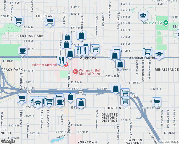 map of restaurants, bars, coffee shops, grocery stores, and more near 2003 East 12th Place in Tulsa