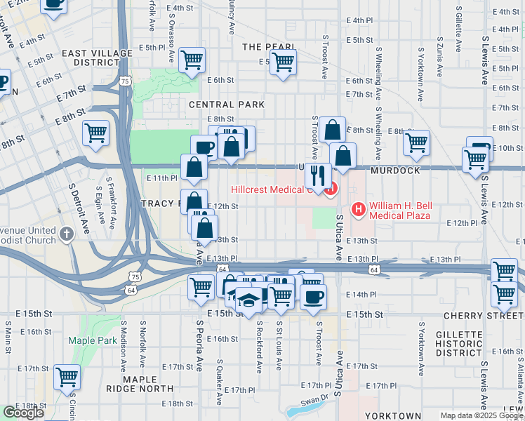 map of restaurants, bars, coffee shops, grocery stores, and more near in Tulsa
