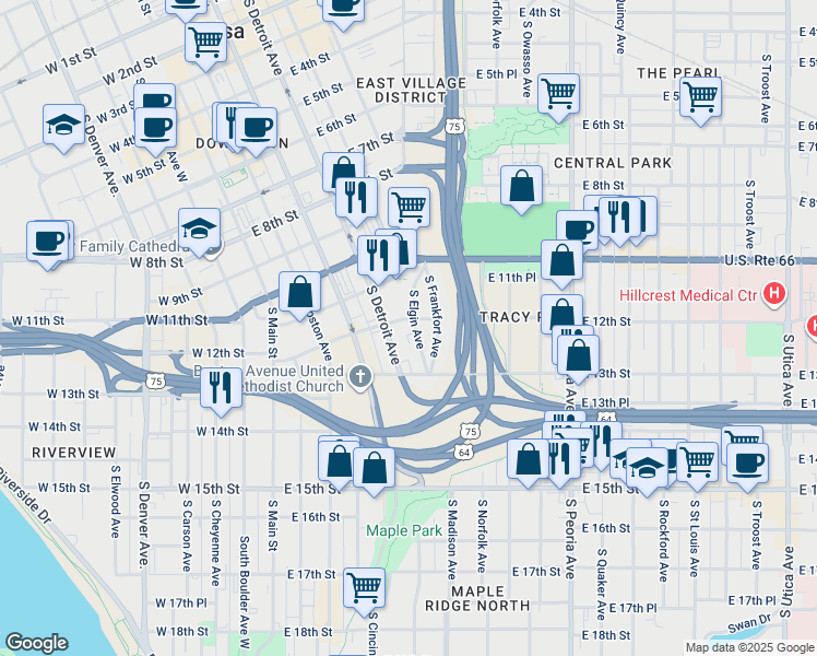 map of restaurants, bars, coffee shops, grocery stores, and more near 1212 South Elgin Avenue in Tulsa