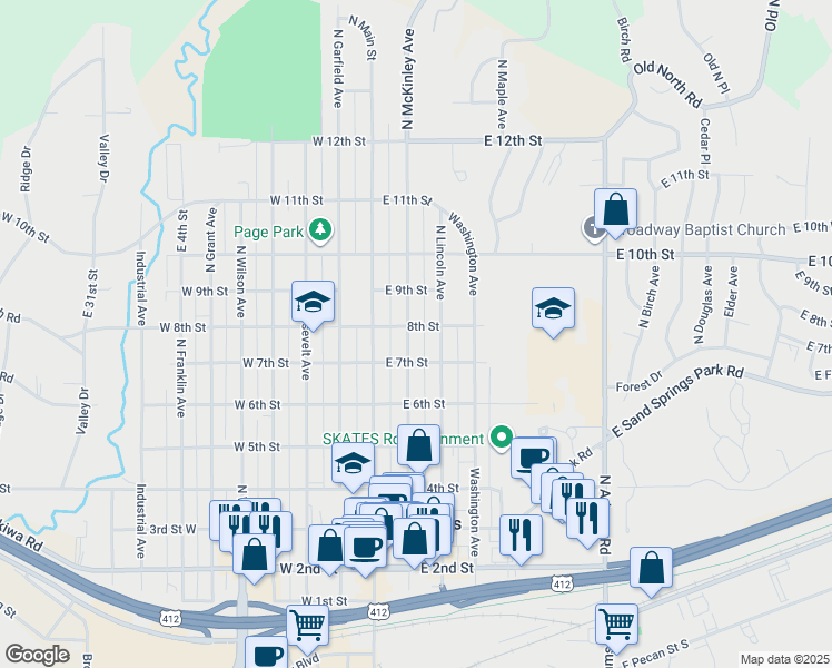 map of restaurants, bars, coffee shops, grocery stores, and more near 716 North Lincoln Avenue in Sand Springs