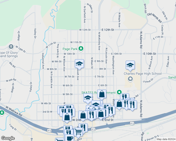 map of restaurants, bars, coffee shops, grocery stores, and more near 711 North Garfield Avenue in Sand Springs