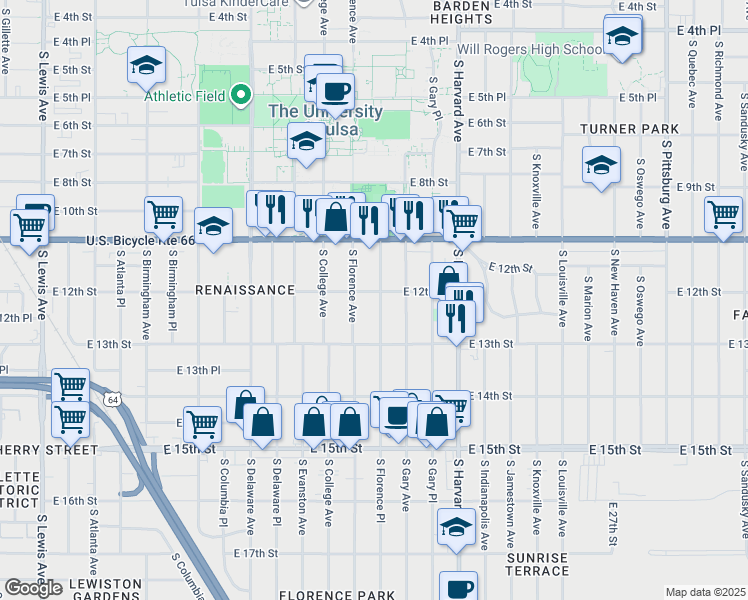 map of restaurants, bars, coffee shops, grocery stores, and more near 1215 South Florence Avenue in Tulsa