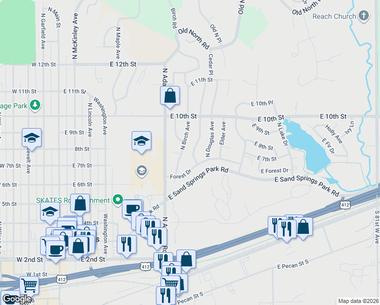 map of restaurants, bars, coffee shops, grocery stores, and more near 708 East 31st Street in Sand Springs