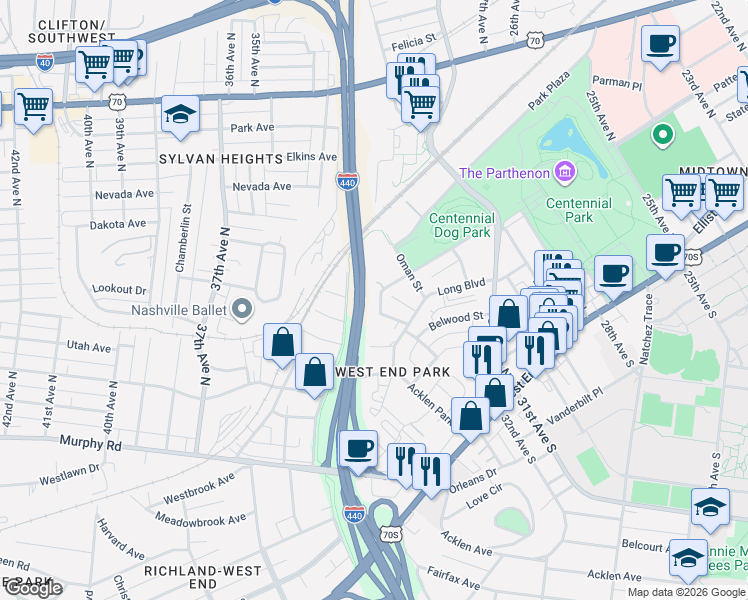 map of restaurants, bars, coffee shops, grocery stores, and more near 3176 Parthenon Avenue in Nashville